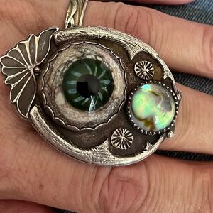Handcrafted sterling ring with fine silver, glass, and abalone. One of a kind.